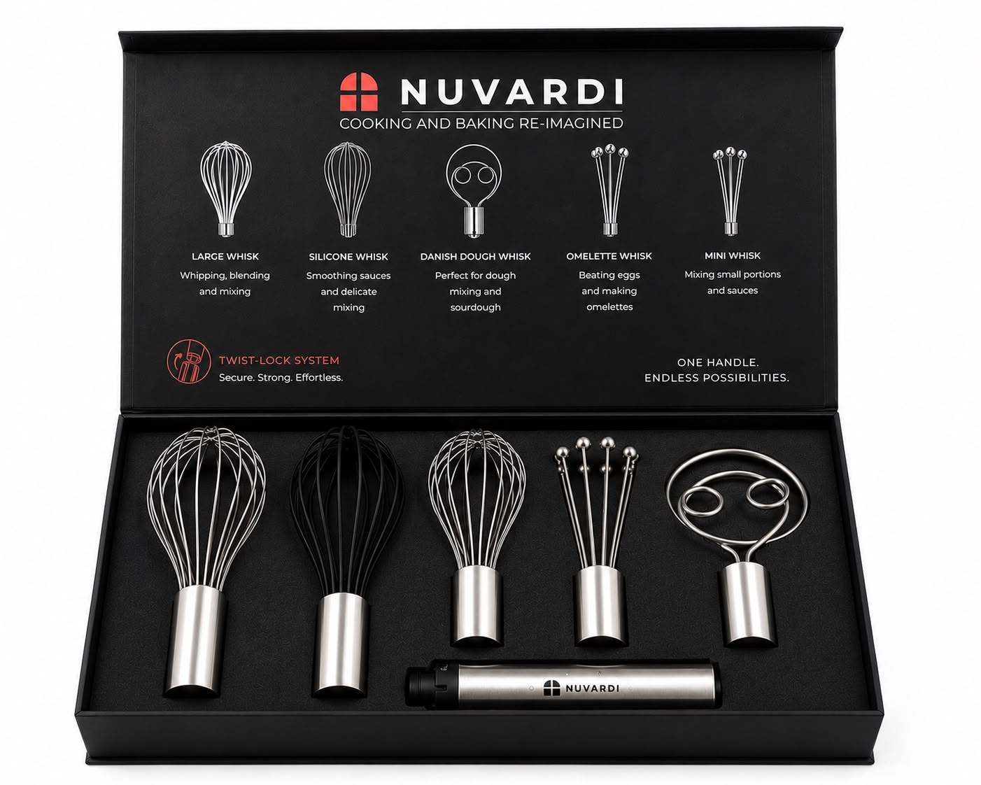 Nuvardi open gift box with all five whisk heads and handle