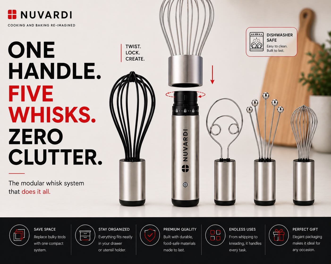 Nuvardi — one handle, five whisks, zero clutter
